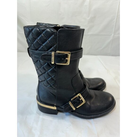 VINCE CAMUTO WILAMENA QUILTED BLACK LEATHER GOLD BUCKLES BIKER BOOTS Size 5.5 M - Picture 2 of 13